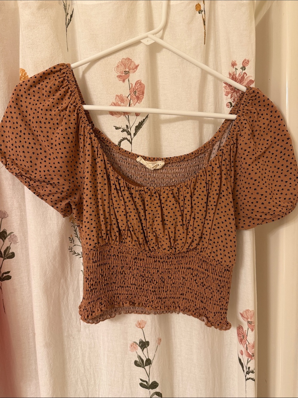 La Hearts Rust Smocked Crop Top with Black Dot Print